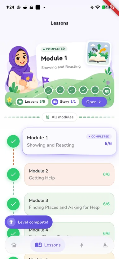 English With Aliyah Android app: module progress tree showing completed modules along a path, with per-module lesson and story counts
