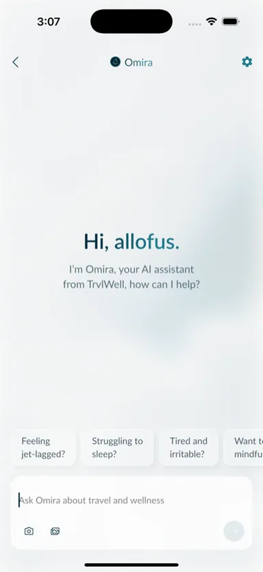 TrvlWell iOS app: Omira AI assistant opening screen with suggested jet lag and sleep prompts