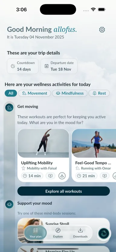 TrvlWell iOS app: daily wellness plan with a trip countdown and movement, mindfulness, and rest filters