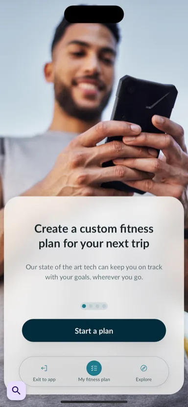 TrvlWell iOS app: onboarding screen inviting the user to build a custom fitness plan for an upcoming trip