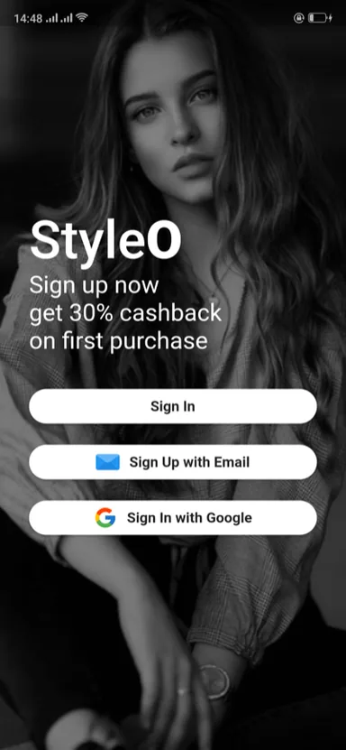 StyleO Android app: sign-in screen offering email and Google authentication over a full-bleed hero image