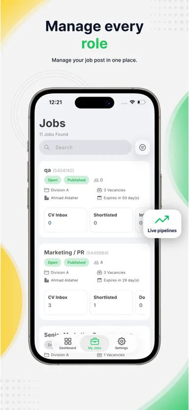Talentera Employer App Store listing: jobs list showing CV inbox, shortlist, and live pipeline counts per role