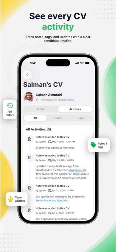 Talentera Employer App Store listing: candidate CV activity timeline with application stage changes, notes, and tags