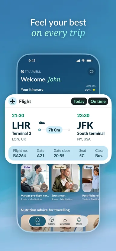 TrvlWell App Store listing: flight itinerary card showing an LHR to JFK leg with gate and seat details, above guided meditation sessions