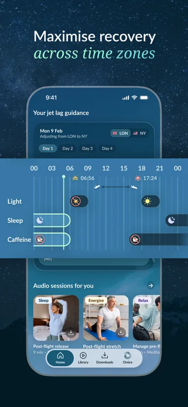TrvlWell App Store listing: jet lag guidance screen with a day-by-day light, sleep, and caffeine timeline for a London to New York trip