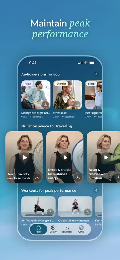 TrvlWell App Store listing: audio sessions, travel nutrition videos, and bodyweight workout collections