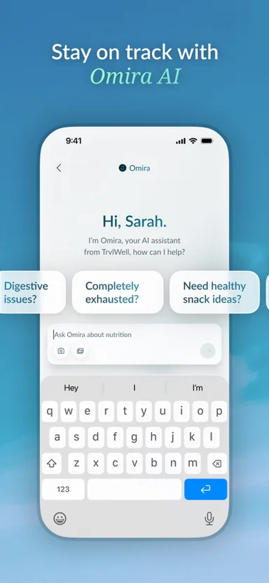 TrvlWell App Store listing: Omira AI assistant chat answering travel nutrition questions with suggested prompts