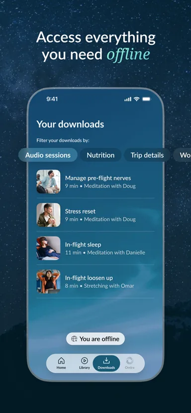 TrvlWell App Store listing: offline downloads library filtered by audio sessions, showing content available with no connection