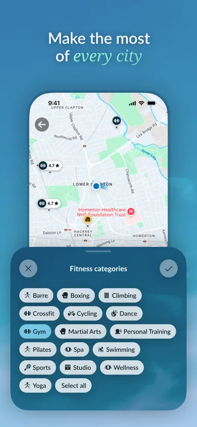 TrvlWell App Store listing: map of nearby rated gyms with a fitness category filter sheet